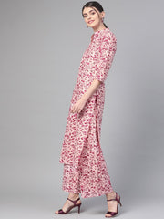 Nayo Women Pink & Burgundy Straight Floral Printed Kurta And Palazzos Set