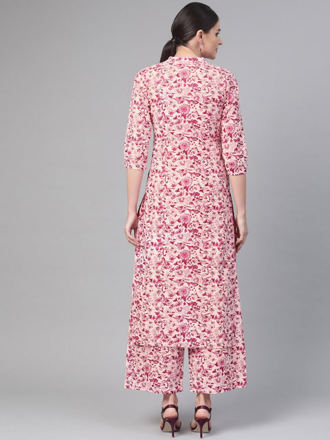 Nayo Women Pink & Burgundy Straight Floral Printed Kurta And Palazzos Set