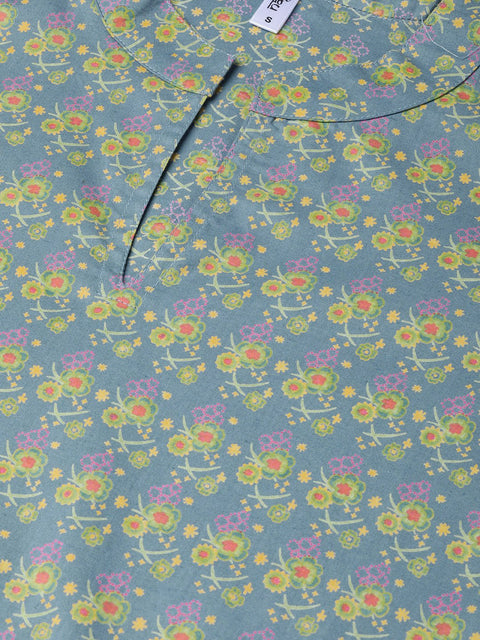 Nayo Women Teal & Green Straight Floral Printed Kurta And Palazzos Set