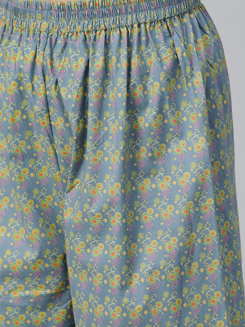 Nayo Women Teal & Green Straight Floral Printed Kurta And Palazzos Set