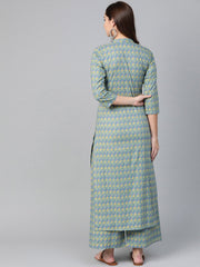 Nayo Women Teal & Green Straight Floral Printed Kurta And Palazzos Set