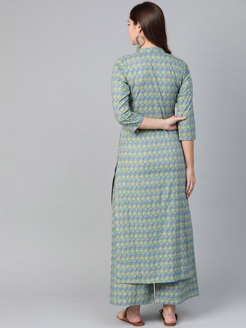 Nayo Women Teal & Green Straight Floral Printed Kurta And Palazzos Set