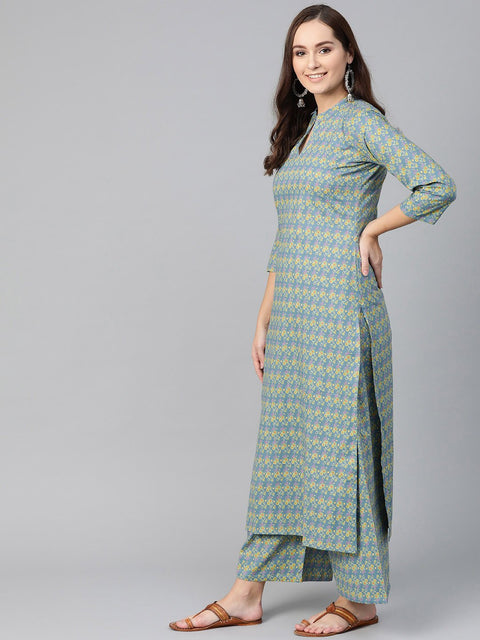 Nayo Women Teal & Green Straight Floral Printed Kurta And Palazzos Set