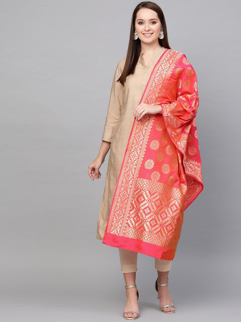 Nayo Pink & Gold-Coloured Woven Design Dupatta