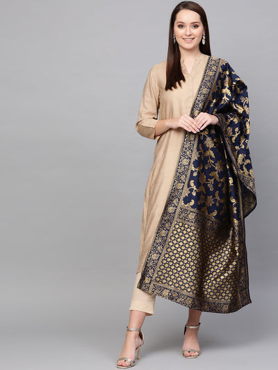 Nayo Navy Blue & Gold-Coloured Woven Design Dupatta