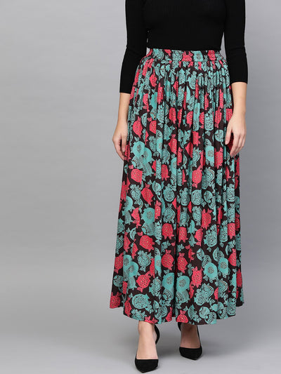 Nayo Women Black & Green Floral Printed Flared Skirt