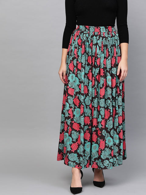 Nayo Women Black & Green Floral Printed Flared Skirt