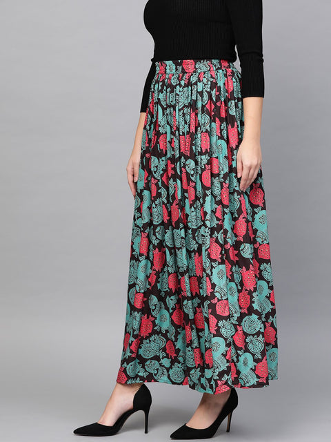 Nayo Women Black & Green Floral Printed Flared Skirt