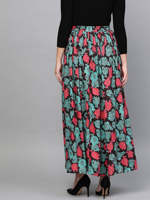 Nayo Women Black & Green Floral Printed Flared Skirt