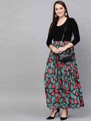 Nayo Women Black & Green Floral Printed Flared Skirt