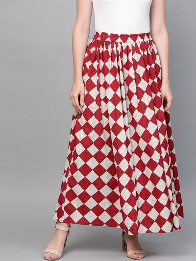 Nayo Women Maroon & White Checkerd Printed Flared Skirt
