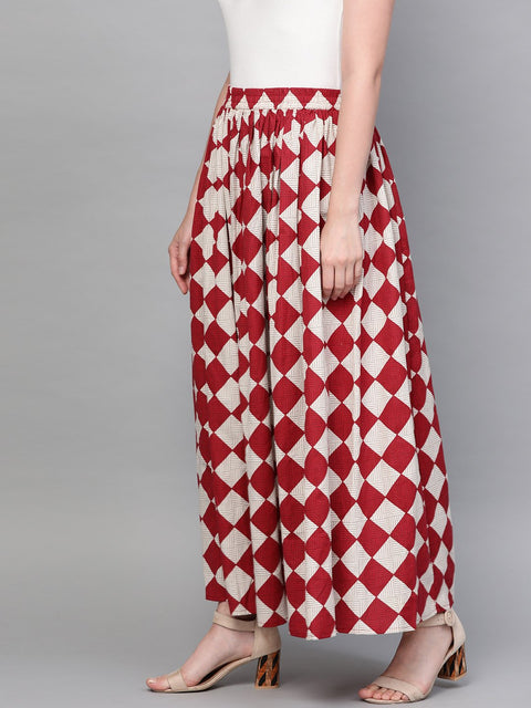 Nayo Women Maroon & White Checkerd Printed Flared Skirt
