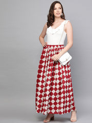 Nayo Women Maroon & White Checkerd Printed Flared Skirt