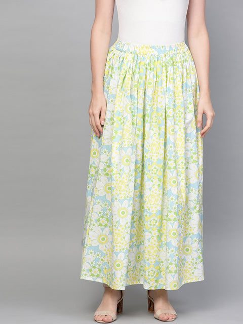 Nayo Women Blue & Yellow Floral Printed Flared Skirt