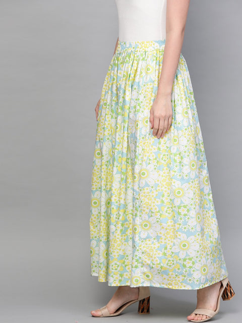Nayo Women Blue & Yellow Floral Printed Flared Skirt