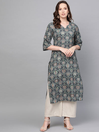 Nayo Women Navy Blue & Multi Floral Printed Straight V-Neck Kurta