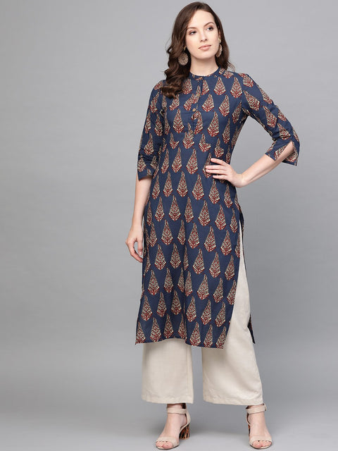 Nayo Women Navy Blue & Multi Color Floral Printed Straight Kurta