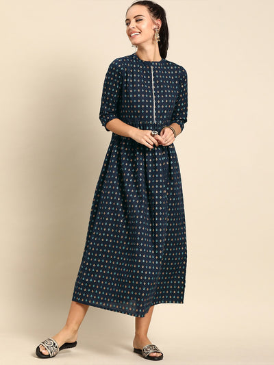 Nayo Women Navy Blue Ethnic Motifs Printed Mandarin Collar A-Line Dress