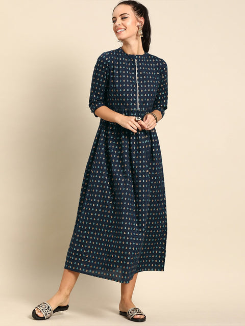 Nayo Women Navy Blue Ethnic Motifs Printed Mandarin Collar A-Line Dress