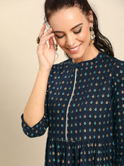 Nayo Women Navy Blue Ethnic Motifs Printed Mandarin Collar A-Line Dress