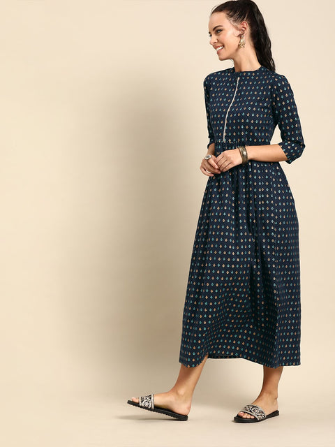 Nayo Women Navy Blue Ethnic Motifs Printed Mandarin Collar A-Line Dress