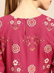Nayo Women Magenta Floral Printed Round Neck A-Line Dress