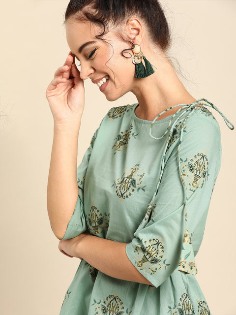 Nayo Women Blue Three-Quarter Sleeves Asymmetric Peplum Kurta with Dhoti Pants