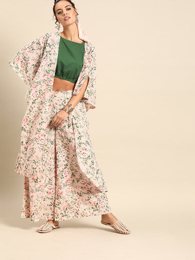 Nayo Women Baby Pink Pure Cotton Round Neck Crop Top with Palazzo and Cape