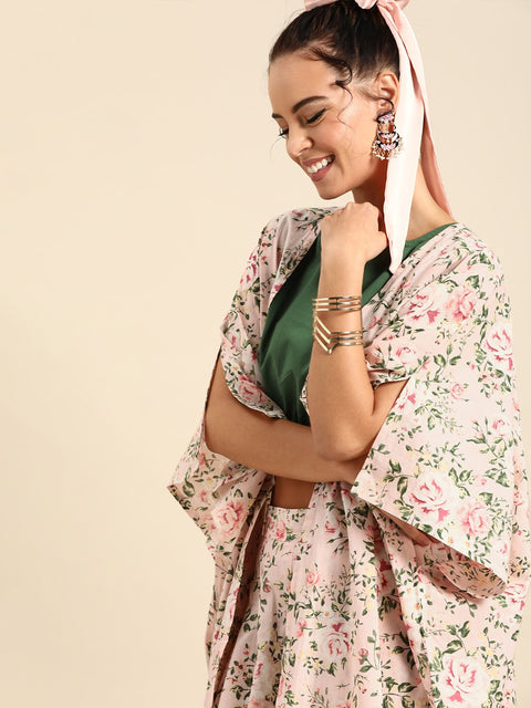 Nayo Women Baby Pink Pure Cotton Round Neck Crop Top with Palazzo and Cape