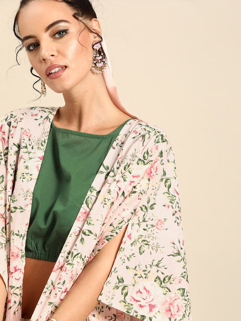 Nayo Women Baby Pink Pure Cotton Round Neck Crop Top with Palazzo and Cape