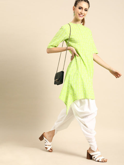 Nayo Women Lime Green Three-Quarter Sleeves Asymmetric Kurta with Dhoti Pants
