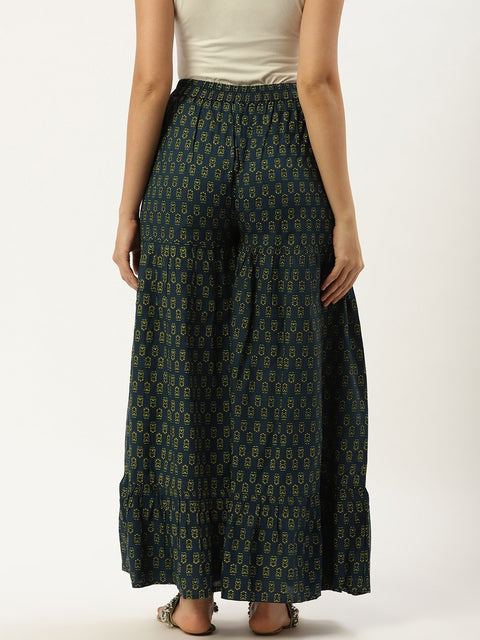 Women Teal Blue Floral Printed Cotton Flared Sharara