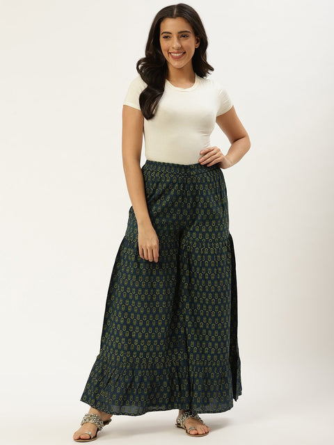 Women Teal Blue Floral Printed Cotton Flared Sharara