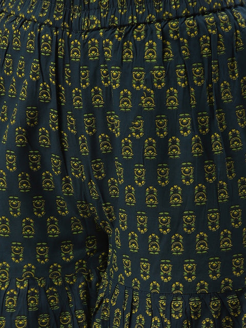 Women Teal Blue Floral Printed Cotton Flared Sharara