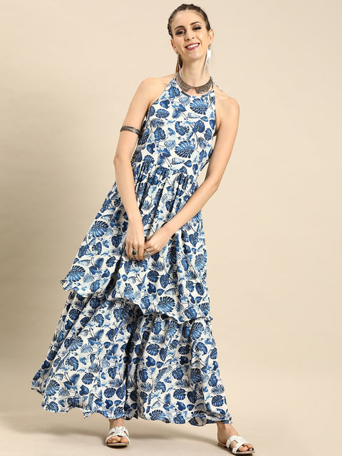 Women White Sleeveless Flared Gathered Kurta With Wired Peeko Sharara