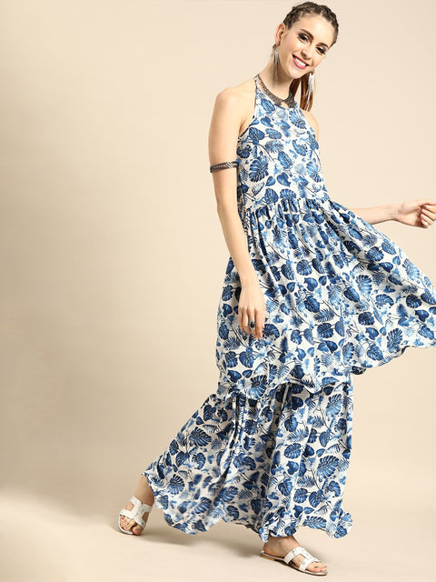 Women White Sleeveless Flared Gathered Kurta With Wired Peeko Sharara