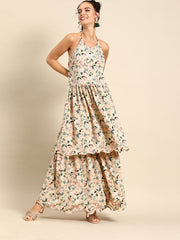 Nayo Women Beige Sleeveless Flared Gathered Kurta With Wired Peeko Sharara