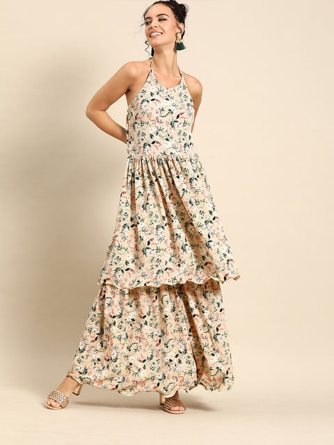 Nayo Women Beige Sleeveless Flared Gathered Kurta With Wired Peeko Sharara