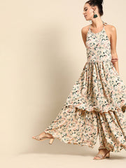 Nayo Women Beige Sleeveless Flared Gathered Kurta With Wired Peeko Sharara