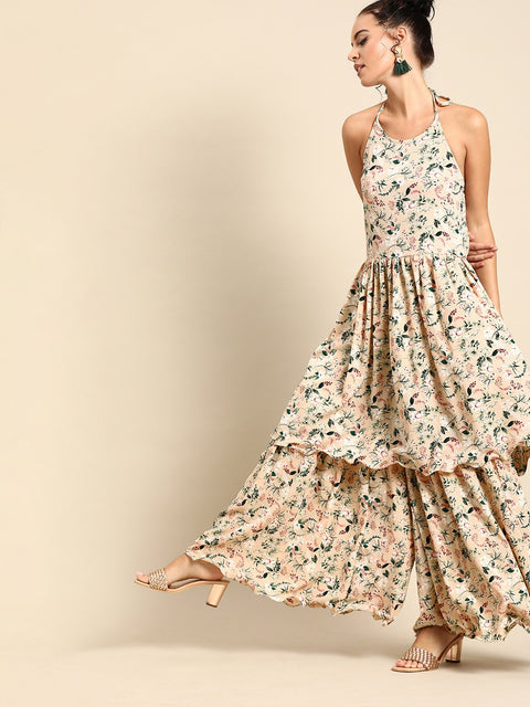 Nayo Women Beige Sleeveless Flared Gathered Kurta With Wired Peeko Sharara