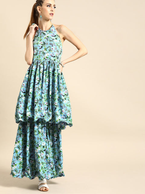 Nayo Women Turquoise Blue Sleeveless Flared Gathered Kurta With Wired Peeko Sharara