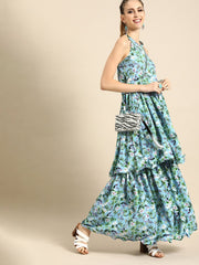 Nayo Women Turquoise Blue Sleeveless Flared Gathered Kurta With Wired Peeko Sharara