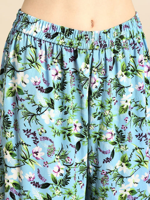 Nayo Women Turquoise Blue Sleeveless Flared Gathered Kurta With Wired Peeko Sharara