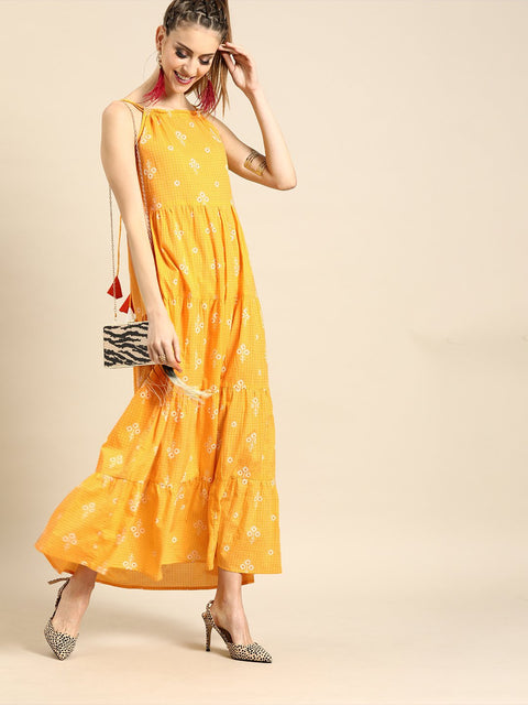 Nayo Women Yellow Floral Printed Shoulder Straps Fit and Flare Dress