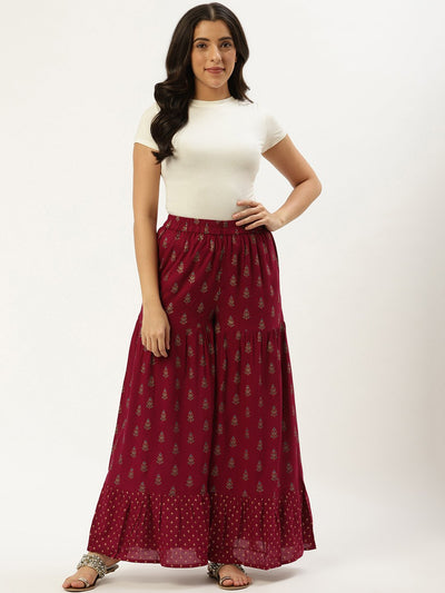 Women Purple Floral Printed Cotton Flared Sharara