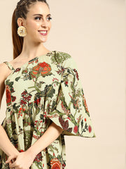 Nayo Women Beige Floral Printed One Shoulder Fit and Flare Dress