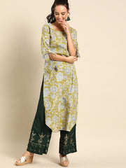Nayo Women Green Calf Length Three-Quarter Sleeves Straight Floral Printed Cotton Kurta