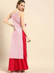 Nayo Women Pink Calf Length Sleeveless Straight Floral Printed Cotton Kurta