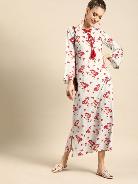 Nayo Women Powder Blue Floral Printed V-Neck A-Line Dress