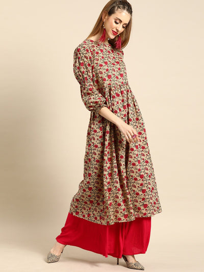 Women Beige Calf Length Three-Quarter Sleeves A-Line Floral Printed Cotton Kurta